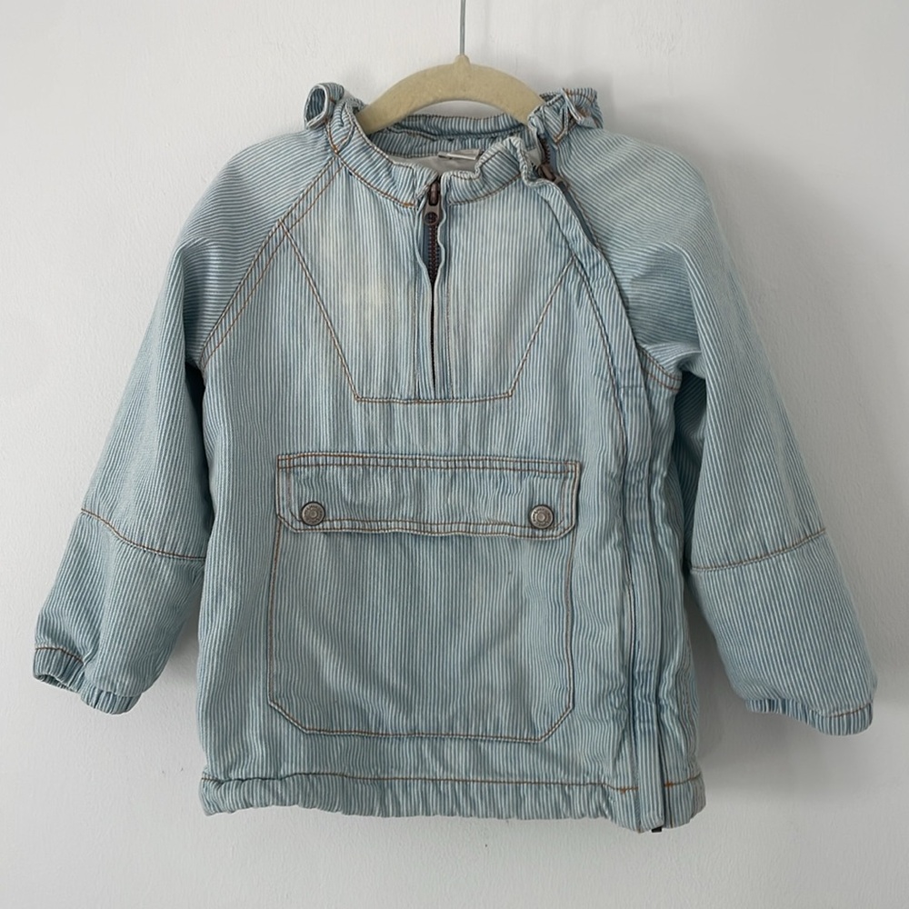 Marc & Janie Denim Hoodie Jacket With Elbow Patch Diagonal Zip Size 1-2 Years